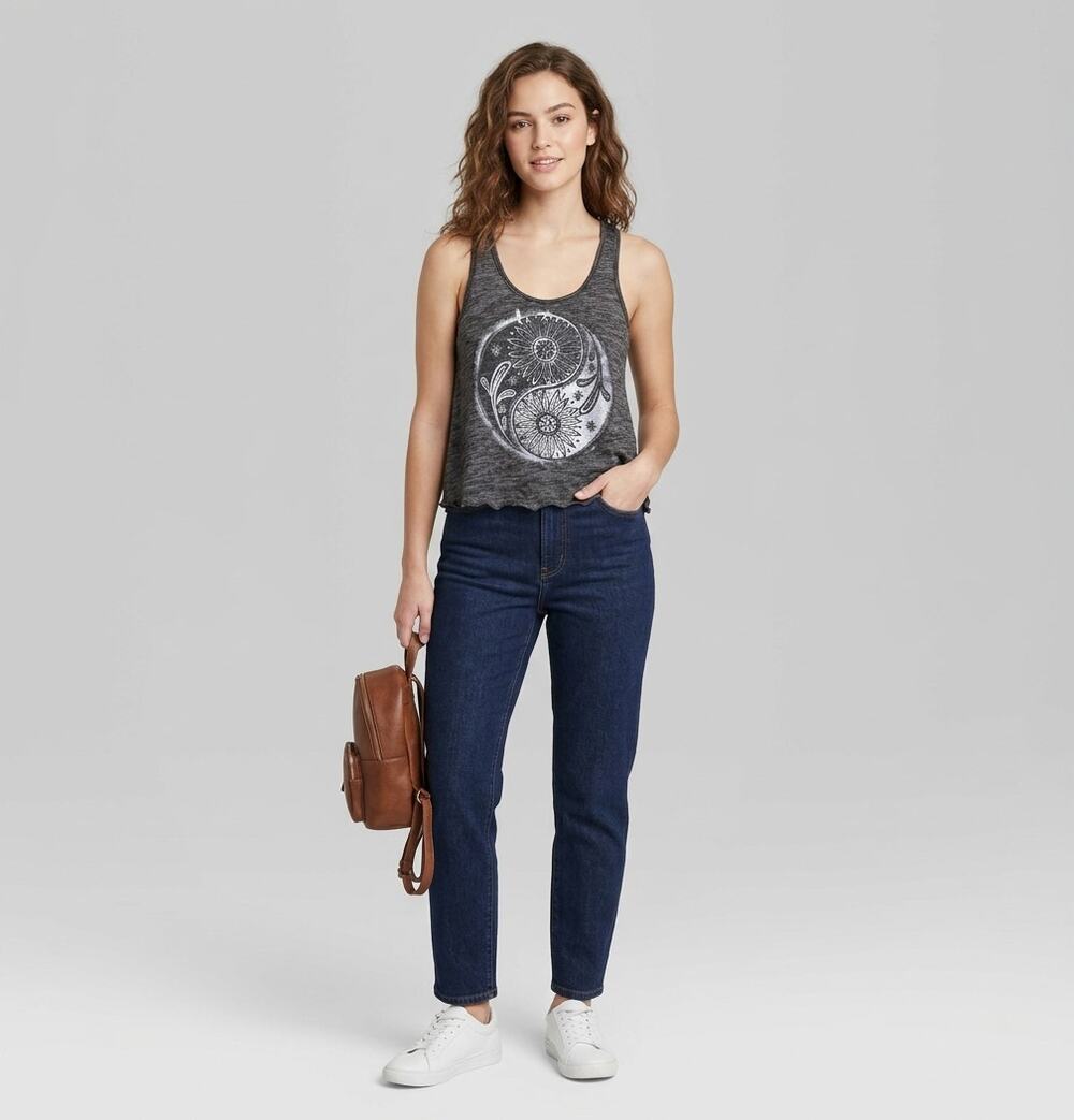 Stranded Tank Top Size XS Charcoal Black Floral Yin Yang Graphic Racerback Boho